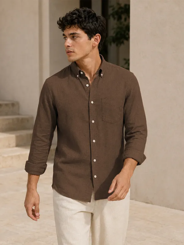 Dark_Brown_Down_Button_Casual_Linen_Shirt