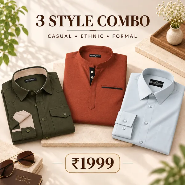 3_Style_Combo_Bottle_Green_Cargo_Orange_Kurta_Silver_Plain_Shirt