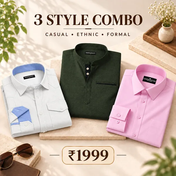 3_Style_Combo_White_Cargo_Bottle_Green_Kurta_Pink_Plain_Shirt