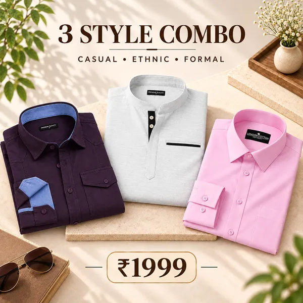 3_Style_Combo_Wine_Cargo_White_Kurta_Pink_Plain_Shirt