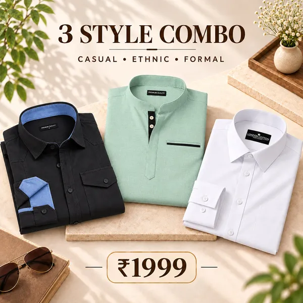 3_Style_Combo_Black_Cargo_Sea_Green_Kurta_White_Plain_Shirt