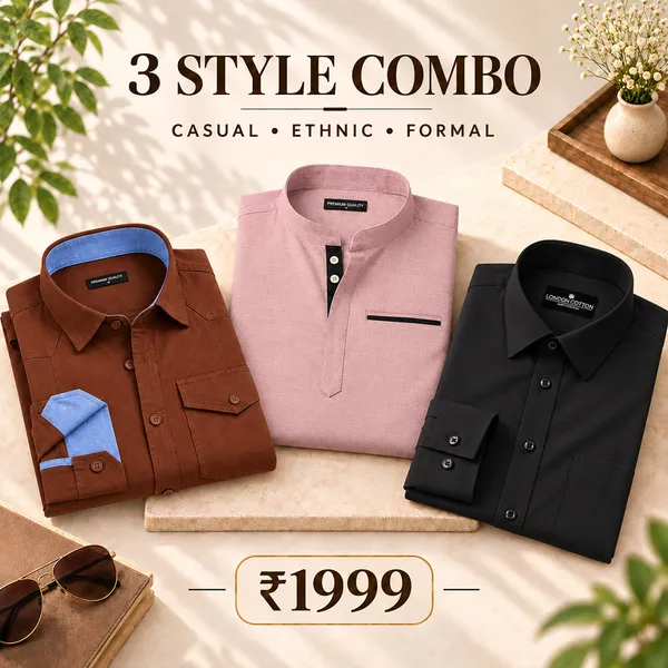 3_Style_Combo_Brown_Cargo_Rose_Gold_Kurta_Black_Plain_Shirt
