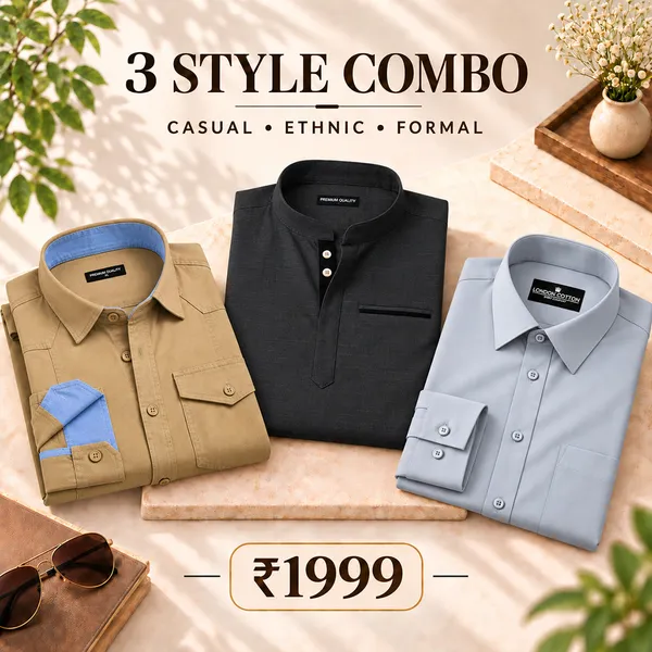 3_Style_Combo_Cream_Cargo_Dark_Grey_Kurta_Silver_Plain_Shirt