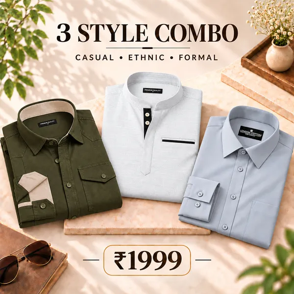 3_Style_Combo_Bottle_Green_Cargo_White_Kurta_Silver_Plain_Shirt