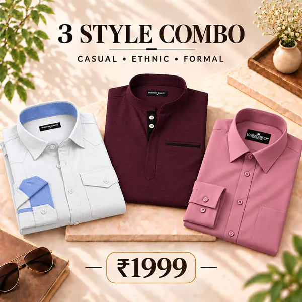 3_Style_Combo_White_Cargo_Wine_Kurta_Solid_Pink_Plain_Shirt