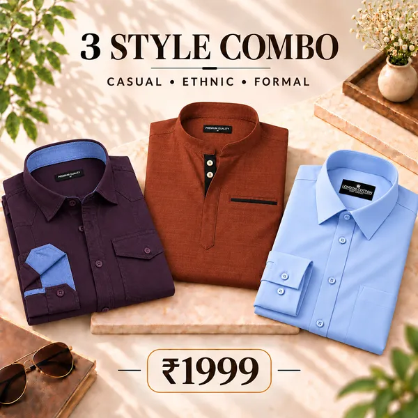 3_Style_Combo_Wine_Cargo_Orange_Kurta_Sky_Blue_Plain_Shirt
