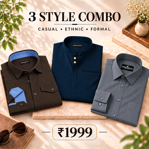 3_Style_Combo_Dark_Brown_Cargo_Navy_Blue_Kurta_Dark_Grey_Plain_Shirt