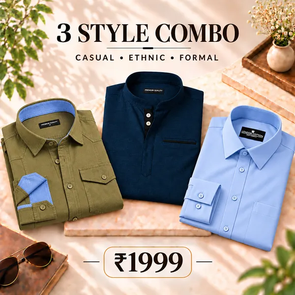 3_Style_Combo_Olive_Cargo_Navy_Blue_Kurta_Sky_Blue_Plain_Shirt