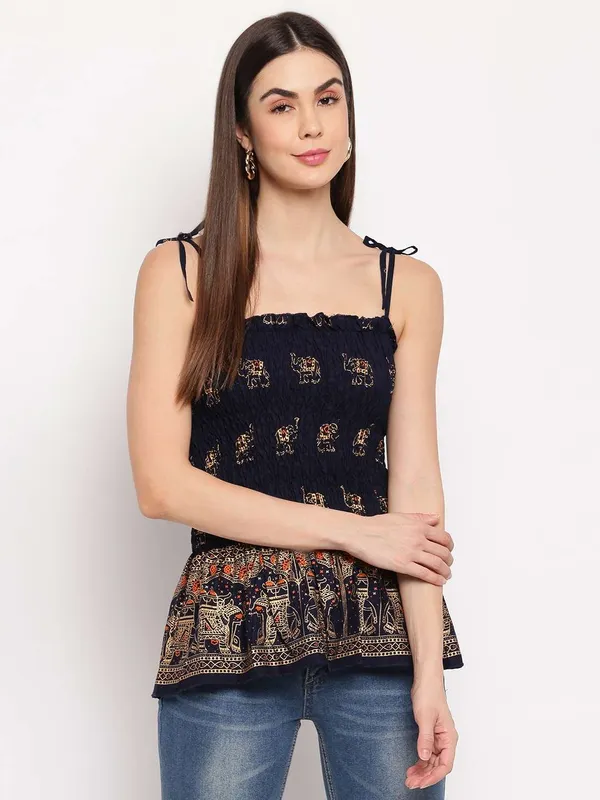 Women's_Rayon_Elephant_Print_Casual_Summer_Style_Tie_Shoulder_Straps_Free_Size_Tank_Top_(_Navy_Blue1_Gold_Pattern)