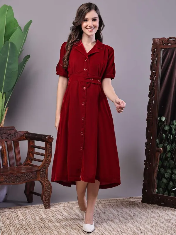 Women's_Maroon_Velvet_Solid_Printed_Shirt_Midi_Dress_with_Belt_-_L