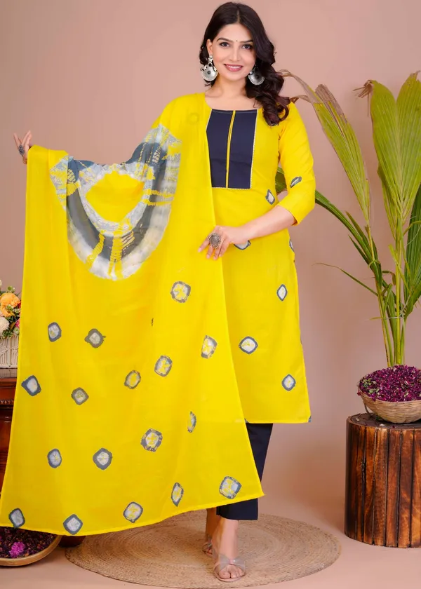 Women's_Yellow_&_Navy_Cotton_Tie-Dye_Straight_Kurti_with_Pant_&_Dupatta_Set_-_XL