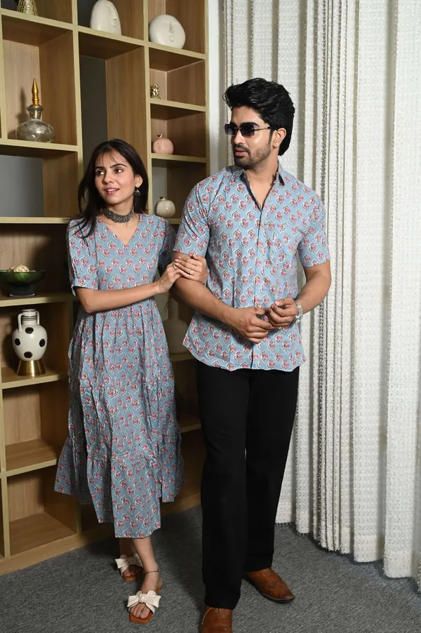 Couple_Matching_Sky_Blue_Cotton_Anarkali_Midi_Dress_and_Shirt_Set_?_Pink_Floral_Print