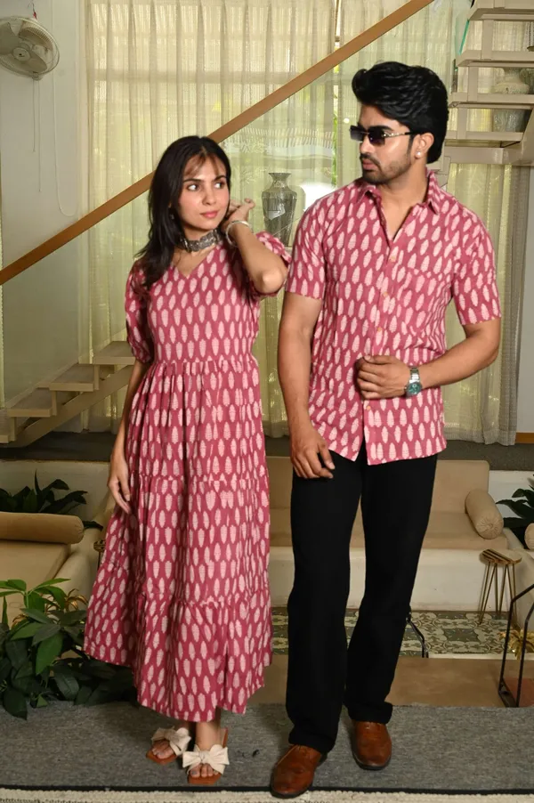 Couple_Matching_Pink_Cotton_Anarkali_Midi_Dress_and_Shirt_Set_?_White_Handblock_Leaf_Print