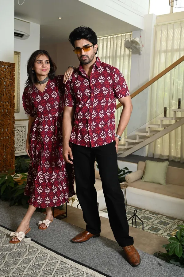 Couple_Matching_Maroon_Cotton_Printed_Anarkali_Midi_Dress_&_Shirt_Set_?_Casual_&_Festive_Wear
