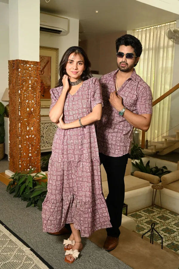 Couple_Matching_Mauve_Cotton_Anarkali_Midi_Dress_and_Shirt_Set_?_Abstract_Line_Print