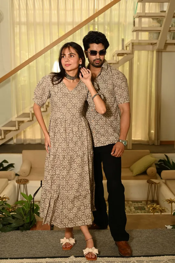 Couple_Matching_Beige_Cotton_Anarkali_Midi_Dress_and_Shirt_Set_?_Swirl_Block_Print