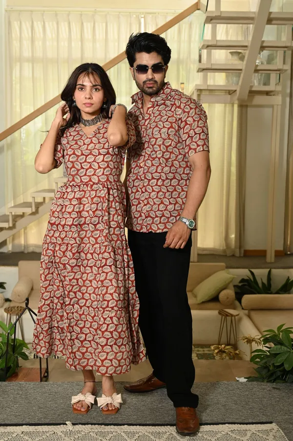 Couple_Matching_Red-Beige_Cotton_Anarkali_Midi_Dress_and_Shirt_Set_?_Leaf_Block_Print