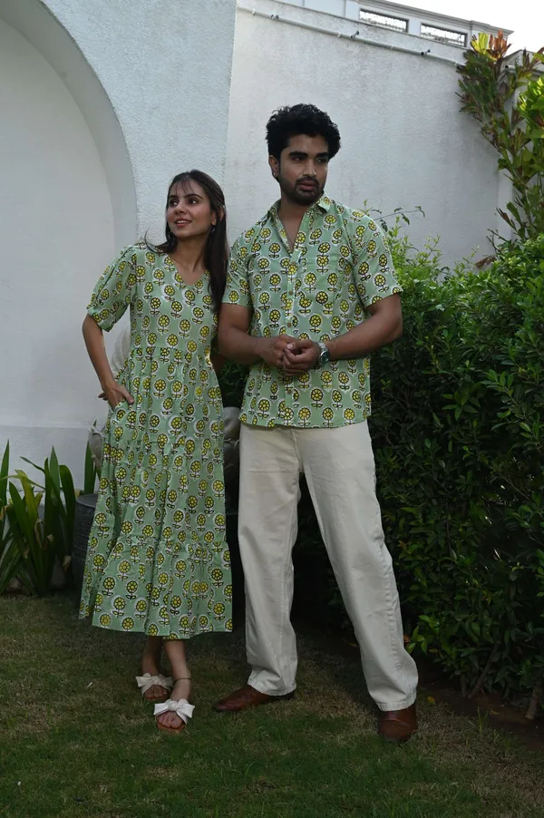 Couple_Matching_Light_Green_Printed_Cotton_Anarkali_Midi_Dress_&_Shirt_Set_?_Summer_Casual_Wear