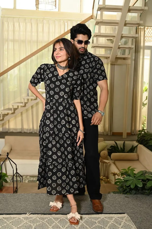 Couple_Matching_Black_Cotton_Anarkali_Midi_Dress_and_Shirt_Set_?_Vertical_Vine_Block_Print