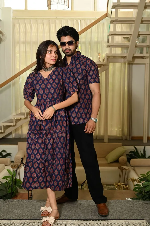 Couple_Matching_Navy_Blue_Cotton_Anarkali_Midi_Dress_and_Shirt_Set_?_Red_Hand_Block_Print