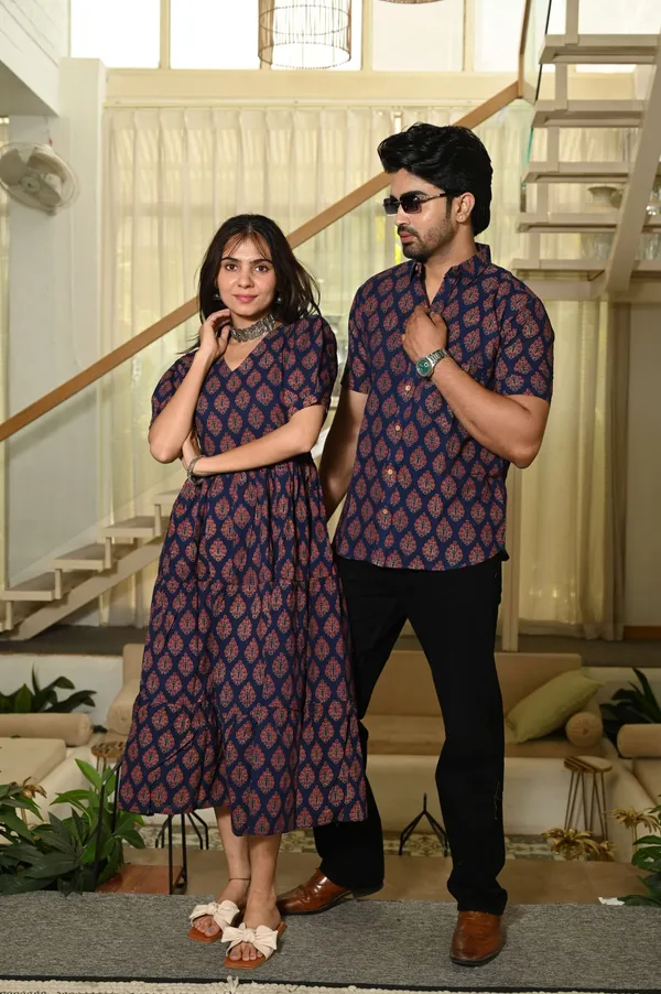 Couple_Matching_Navy_Blue_Cotton_Anarkali_Midi_Dress_and_Shirt_Set_?_Red_Hand_Block_Print