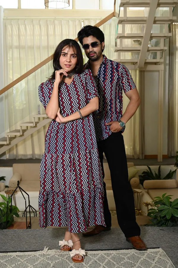 Couple_Matching_Navy_Blue_&_Red_Zigzag_Cotton_Anarkali_Midi_Dress_and_Shirt_Set