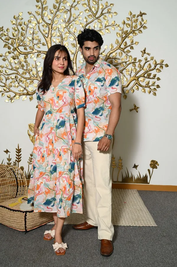 Couple_Matching_Abstract_Print_Cotton_Anarkali_Midi_Dress_&_Shirt_Set_?_Multicolor_Summer_Outfit