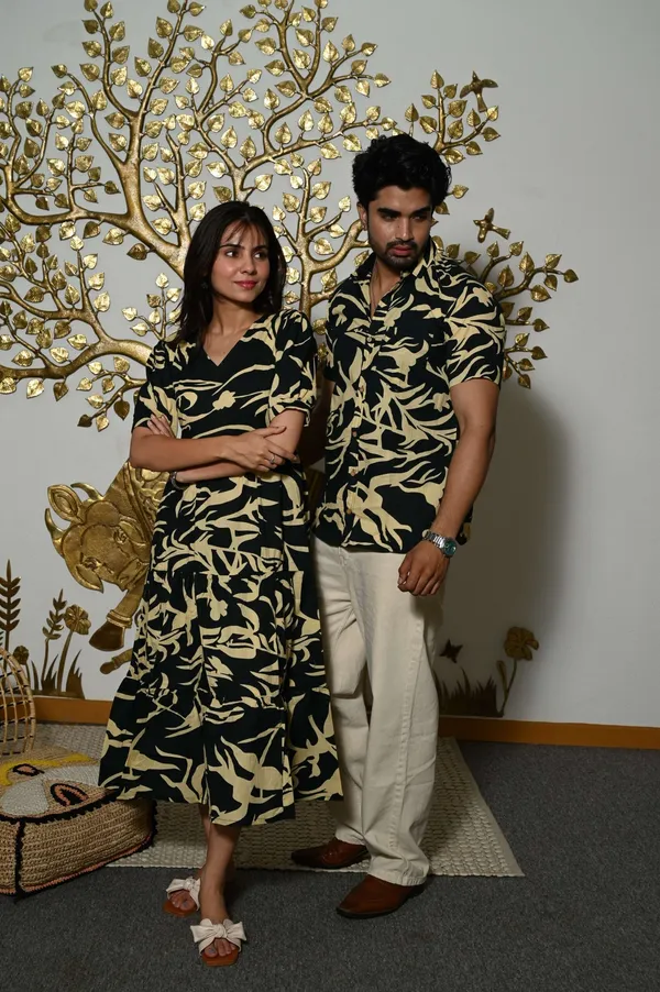 Couple_Matching_Black_Printed_Cotton_Anarkali_Midi_Dress_&_Shirt_Set_?_Summer_Casual_Wear