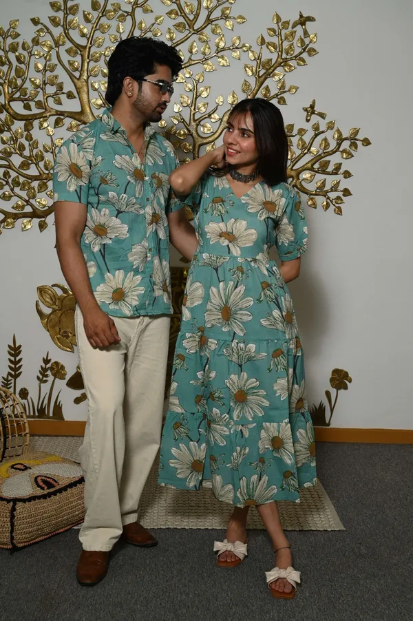 Couple_Matching_Teal-Blue_floral_Printed_Cotton_Anarkali_Midi_Dress_&_Shirt_Set_?_Summer_Casual_Wear