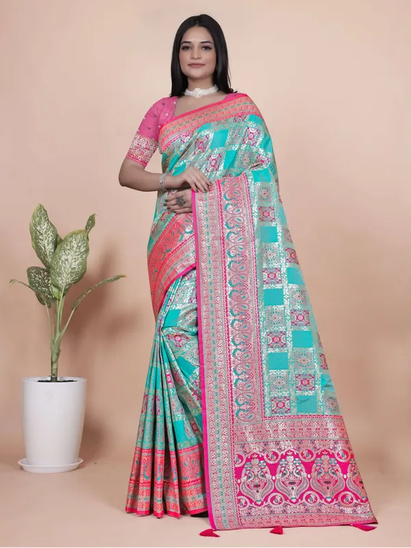 Aqua_Blue_&_Pink_Banarasi_Silk_Saree_with_Silver_Zari_|_Festive_&_Wedding_Wear_Saree_|_Elegant_Banarasi_Saree_with_Contrast_Pallu