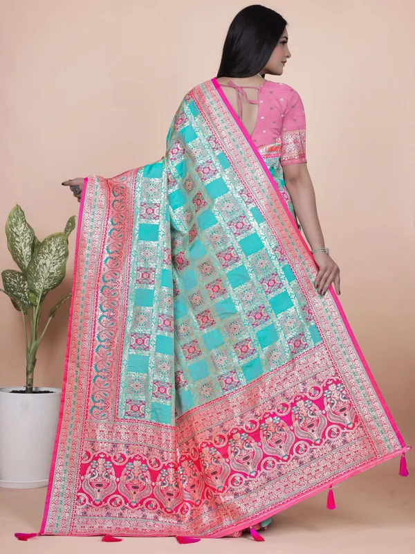 Aqua_Blue_&_Pink_Banarasi_Silk_Saree_with_Silver_Zari_|_Festive_&_Wedding_Wear_Saree_|_Elegant_Banarasi_Saree_with_Contrast_Pallu