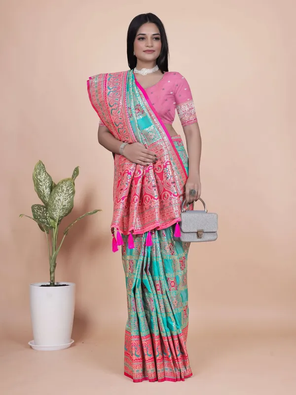 Aqua_Blue_&_Pink_Banarasi_Silk_Saree_with_Silver_Zari_|_Festive_&_Wedding_Wear_Saree_|_Elegant_Banarasi_Saree_with_Contrast_Pallu