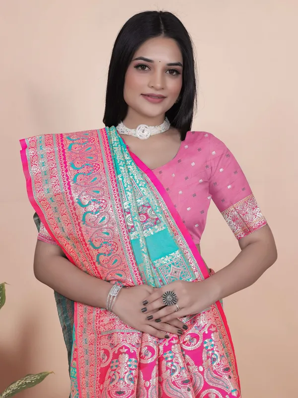 Aqua_Blue_&_Pink_Banarasi_Silk_Saree_with_Silver_Zari_|_Festive_&_Wedding_Wear_Saree_|_Elegant_Banarasi_Saree_with_Contrast_Pallu