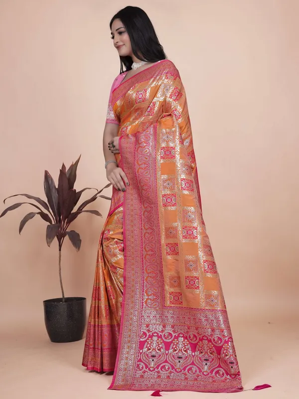 Orange_&_Pink_Banarasi_Silk_Saree_with_Silver_Zari_|_Wedding_&_Festive_Saree_|_Traditional_Banarasi_Saree_with_Rich_Contrast_Pallu