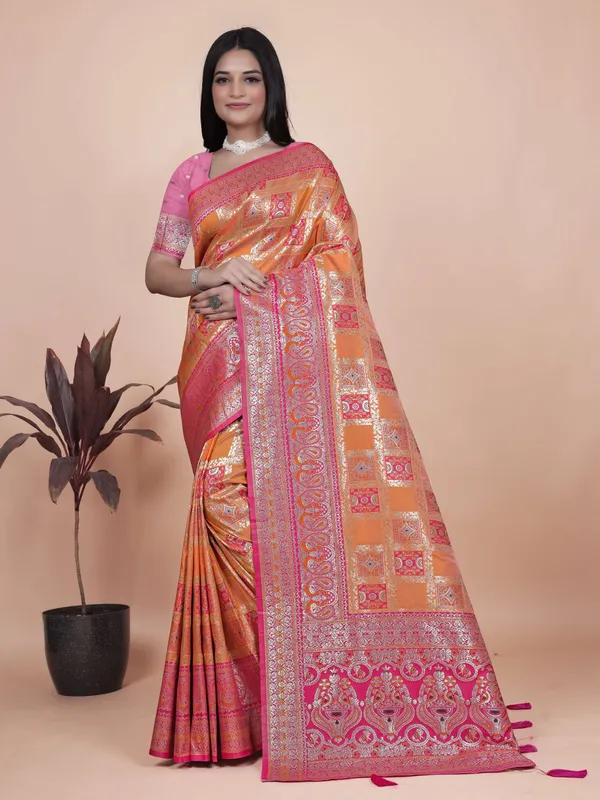 Orange_&_Pink_Banarasi_Silk_Saree_with_Silver_Zari_|_Wedding_&_Festive_Saree_|_Traditional_Banarasi_Saree_with_Rich_Contrast_Pallu