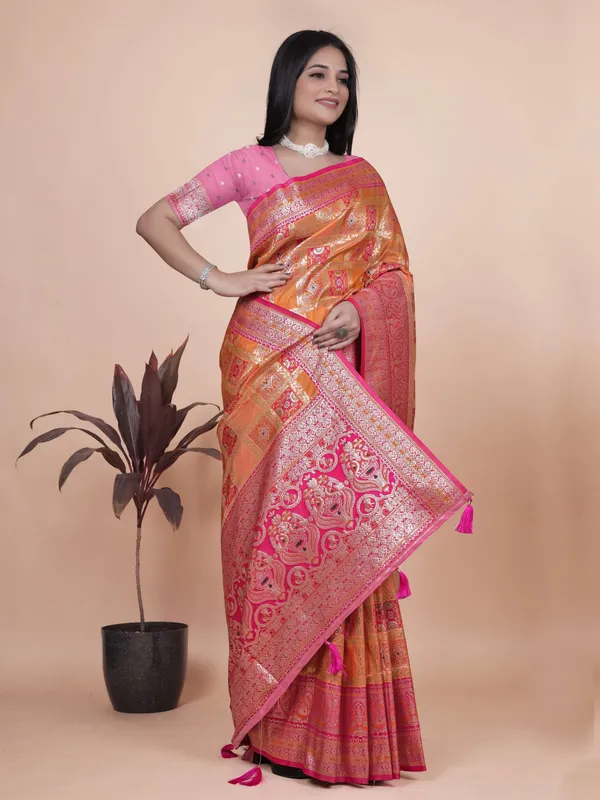 Orange_&_Pink_Banarasi_Silk_Saree_with_Silver_Zari_|_Wedding_&_Festive_Saree_|_Traditional_Banarasi_Saree_with_Rich_Contrast_Pallu