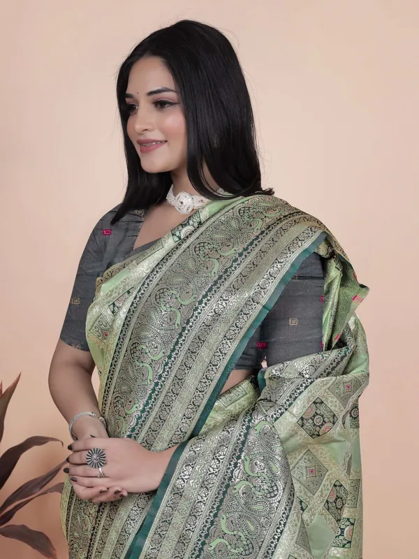 Pastel_Green_&_Dark_Green_Banarasi_Silk_Saree_with_Silver_Zari_|_Wedding_&_Festive_Wear_|_Elegant_Designer_Banarasi_Saree