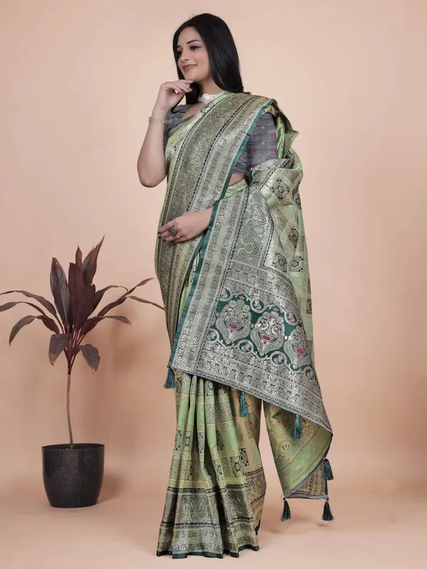 Pastel_Green_&_Dark_Green_Banarasi_Silk_Saree_with_Silver_Zari_|_Wedding_&_Festive_Wear_|_Elegant_Designer_Banarasi_Saree