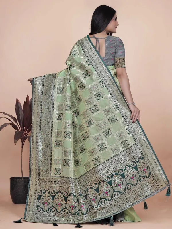 Pastel_Green_&_Dark_Green_Banarasi_Silk_Saree_with_Silver_Zari_|_Wedding_&_Festive_Wear_|_Elegant_Designer_Banarasi_Saree