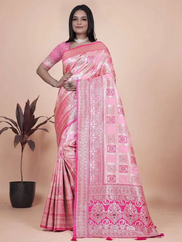Baby_Pink_Banarasi_Silk_Saree_with_Silver_Zari_Weaving_|_Wedding_&_Festive_Wear_|_Elegant_Traditional_Designer_Saree