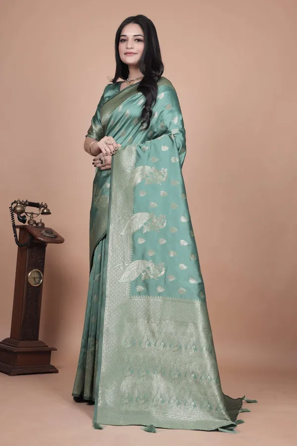 Mint_Green_Banarasi_Silk_Saree_with_Golden_Zari_&_Peacock_Design_|_Wedding,_Festive_&_Traditional_Wear_|_Designer_Saree