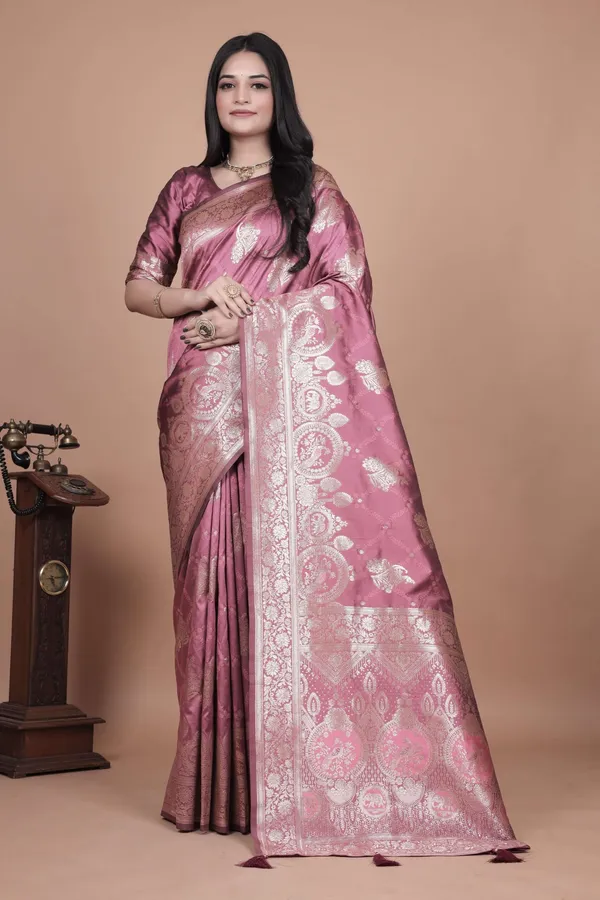 Rose_Pink_Banarasi_Silk_Saree_with_Silver_Zari_|_Floral_&_Paisley_Motifs_|_Wedding,_Festive_&_Traditional_Wear