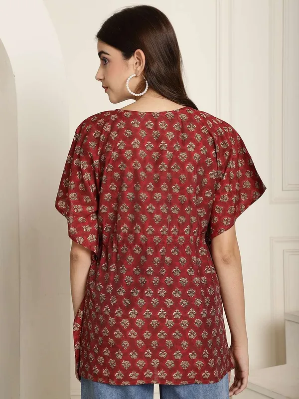 Women's_Chanderi_Printed_Kaftan_Top_With_Bell_Sleeve_Dress_(Maroon)_-_L