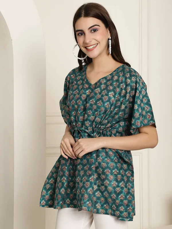 Women's_Chanderi_Printed_Kaftan_Top_With_Bell_Sleeve_Dress_(Green)_-_XXL