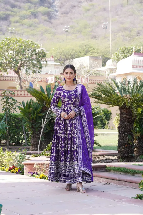 Purple_Viscose_Dyable_Jacquard_Gown_with_Russian_Silk_Sequined_Dupatta_?_Elegant_Party_&_Wedding_Set_-_XL
