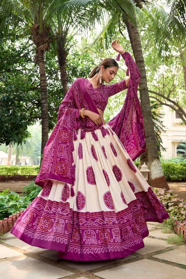 White_Dola_Silk_Lehenga_Choli_with_Purple_Blouse_&_Dupatta_|_Bandhej_&_Patola_Print_|_Wedding_&_Festive_Wear