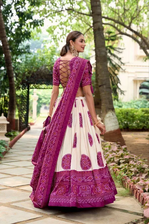 White_Dola_Silk_Lehenga_Choli_with_Purple_Blouse_&_Dupatta_|_Bandhej_&_Patola_Print_|_Wedding_&_Festive_Wear