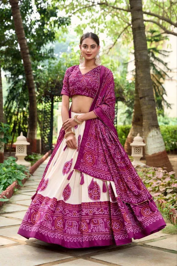White_Dola_Silk_Lehenga_Choli_with_Purple_Blouse_&_Dupatta_|_Bandhej_&_Patola_Print_|_Wedding_&_Festive_Wear