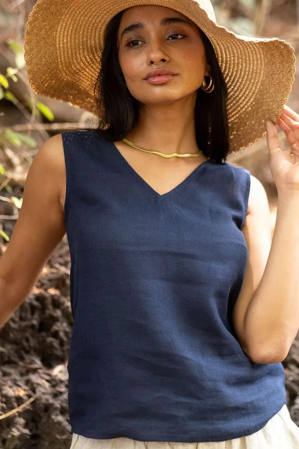 Women's_Cotton_Solid_V_Neck_Sleeveless_2_Piece_Outfit_Loose_Tank_Top_and_Wide_Leg_Palazzo_Pants_Sets_cord_set_(_Navy_Blue-White_)_-_XL