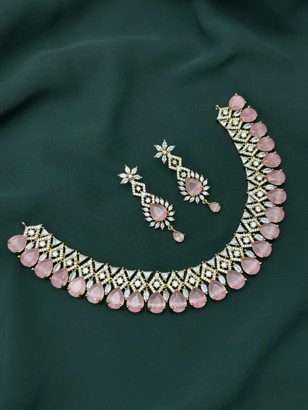 Baby_Pink_Ad_Alloy_Lattice_Teardrop_Stone_Necklace_Set_For_Women
